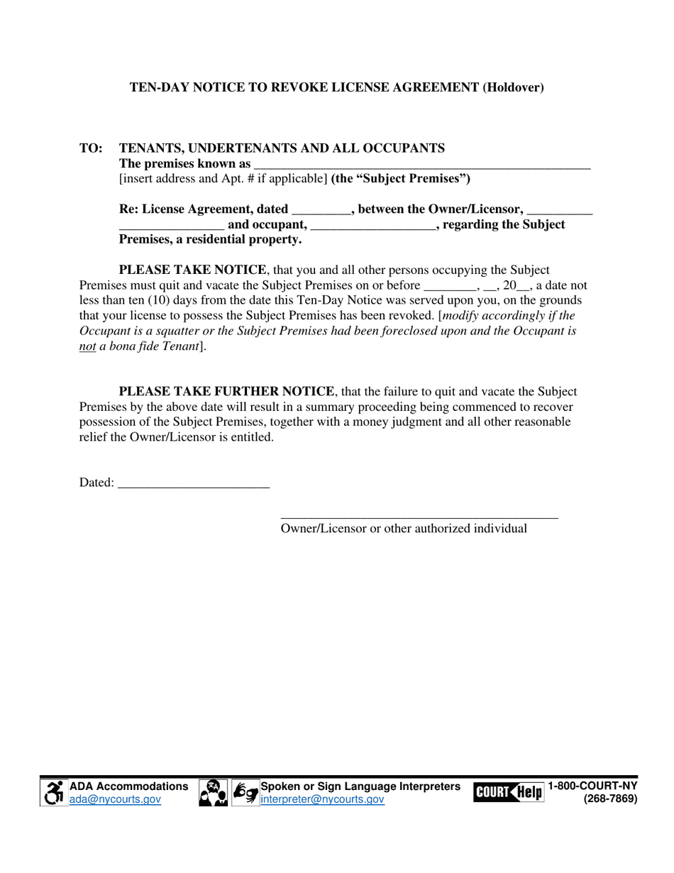 Ten-Day Notice to Revoke License Agreement (Holdover) - Suffolk County, New York, Page 1