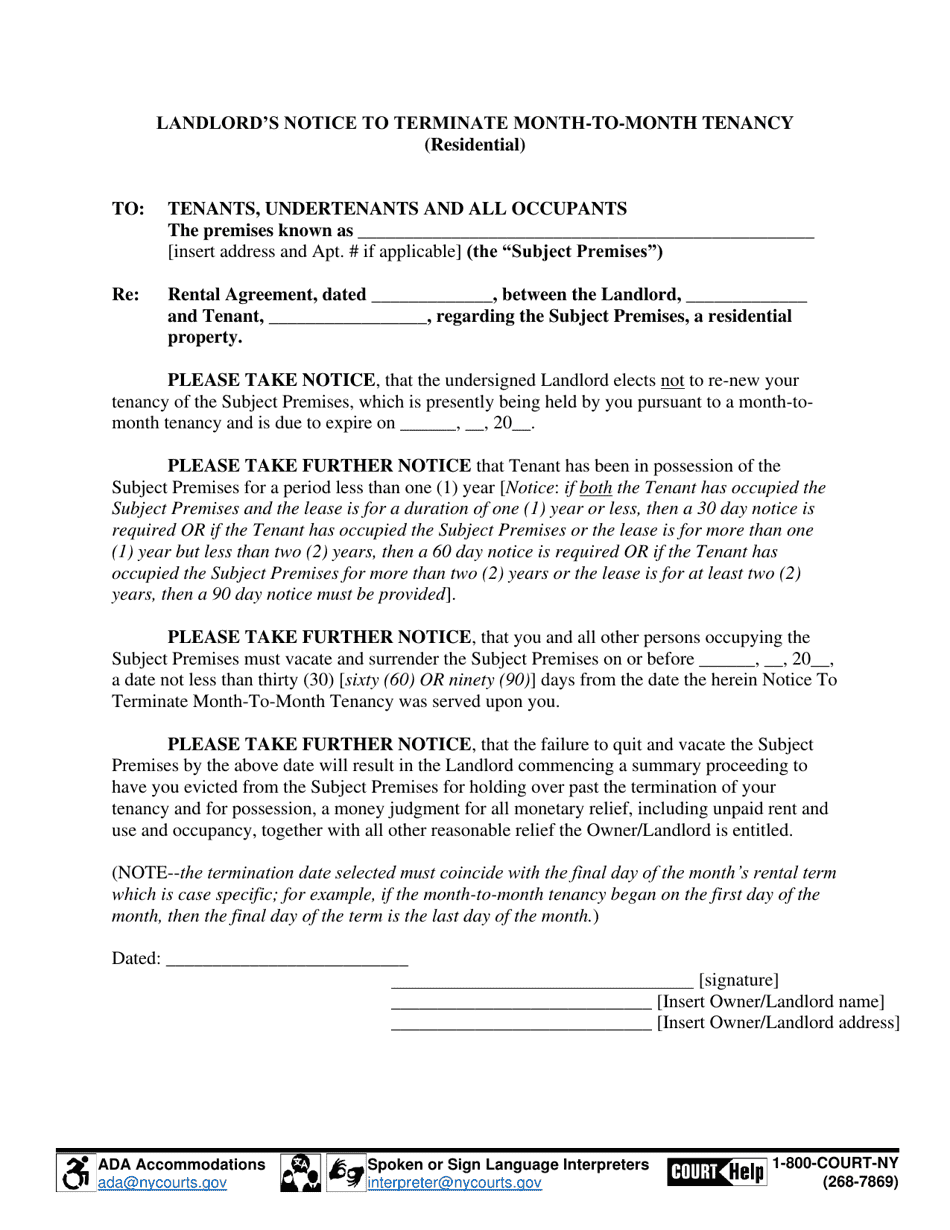 Landlords Notice to Terminate Month-To-Month Tenancy (Residential) - Suffolk County, New York, Page 1
