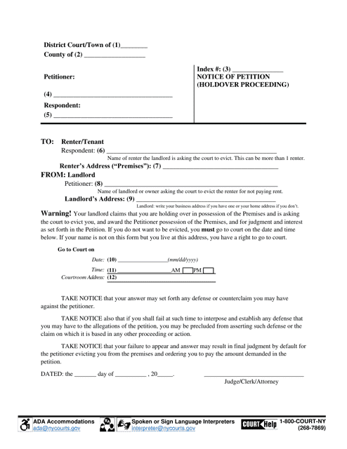 Notice of Petition (Holdover Proceeding) - Suffolk County, New York Download Pdf