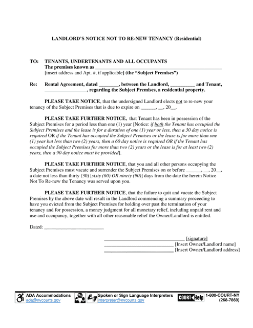 Landlord's Notice Not to Re-new Tenancy (Residential) - Suffolk County, New York Download Pdf