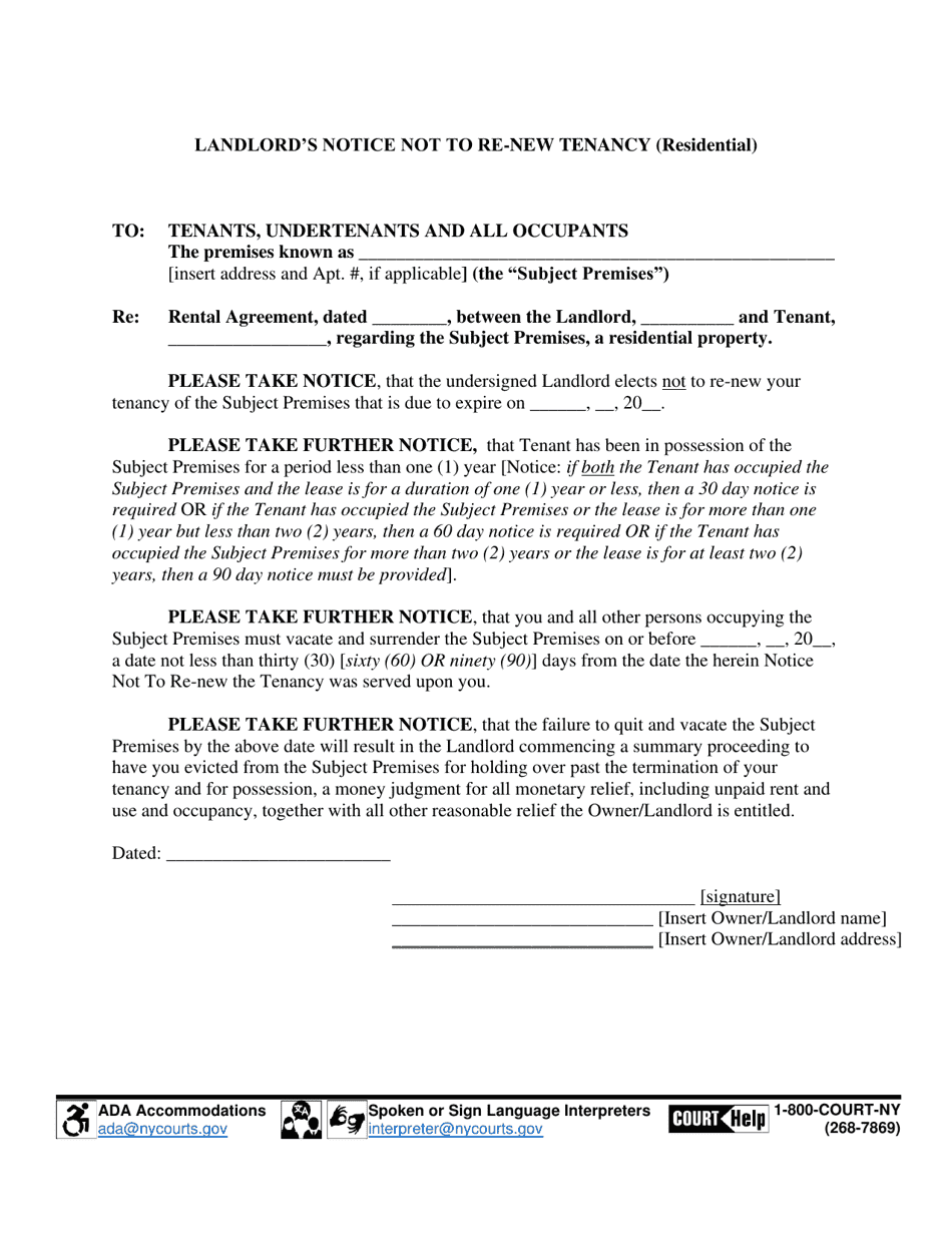 Landlords Notice Not to Re-new Tenancy (Residential) - Suffolk County, New York, Page 1