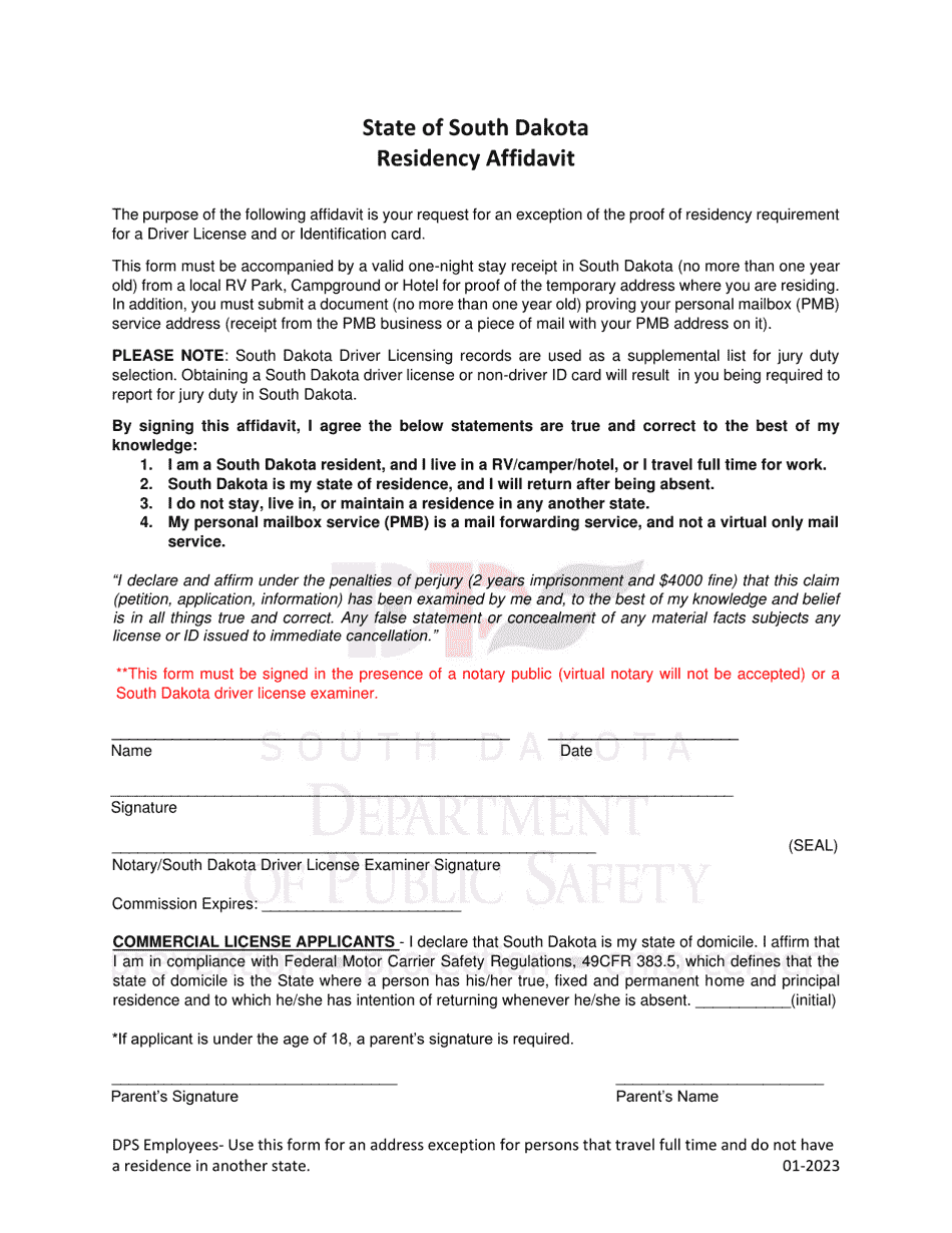 Residency Affidavit - South Dakota, Page 1
