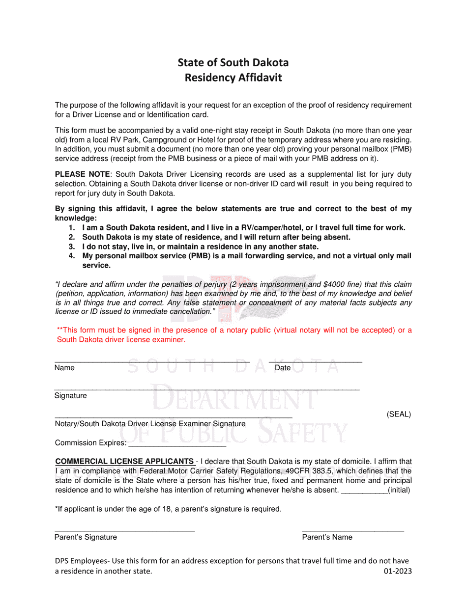 South Dakota Residency Affidavit Fill Out, Sign Online and Download