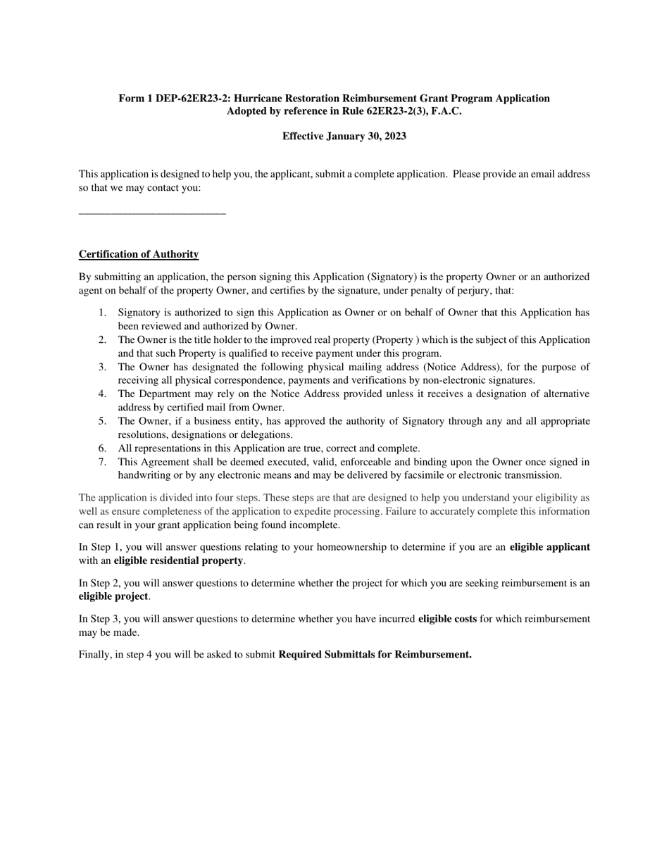 Form 1 (DEP-62ER23-2) Hurricane Restoration Reimbursement Grant Program Application - Florida, Page 1