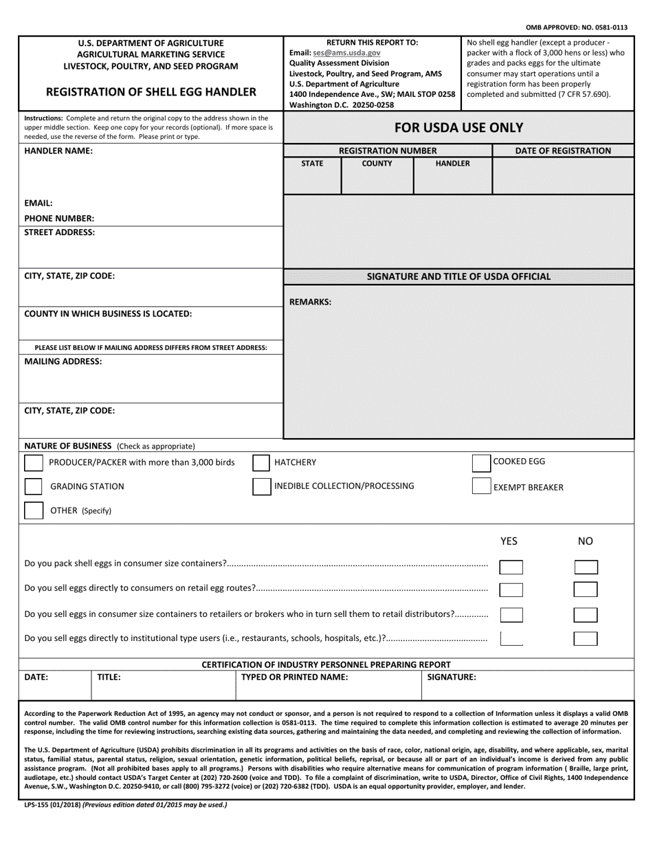 Form LPS-155 Registration of Shell Egg Handler, Page 1