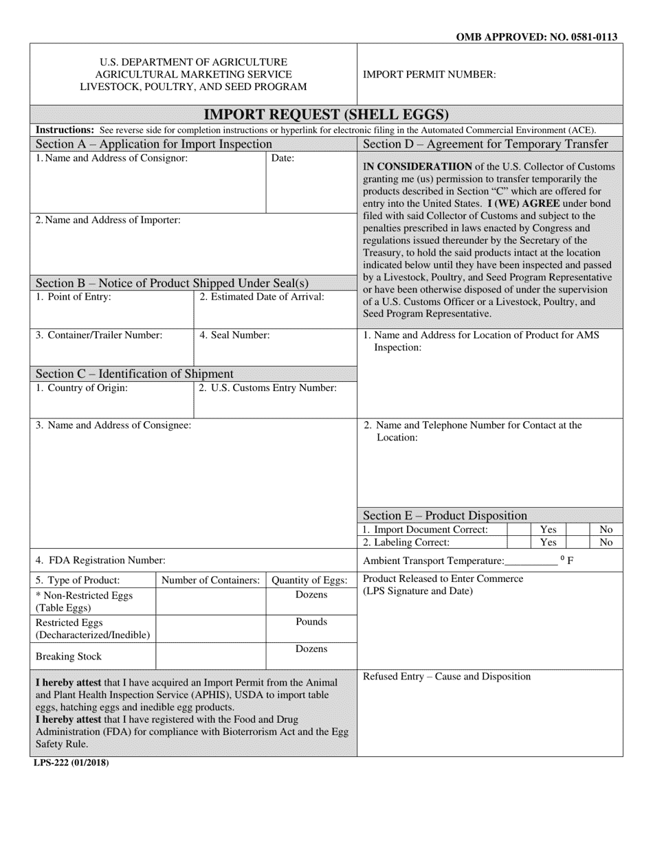 Form LPS-222 Import Request (Shell Eggs), Page 1