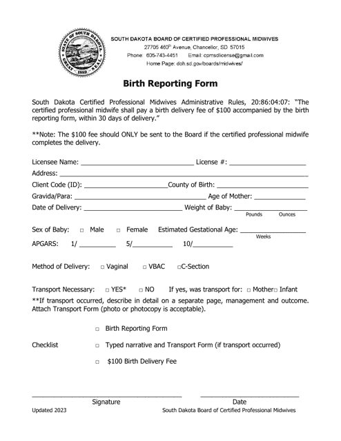 Birth Reporting Form - South Dakota Download Pdf