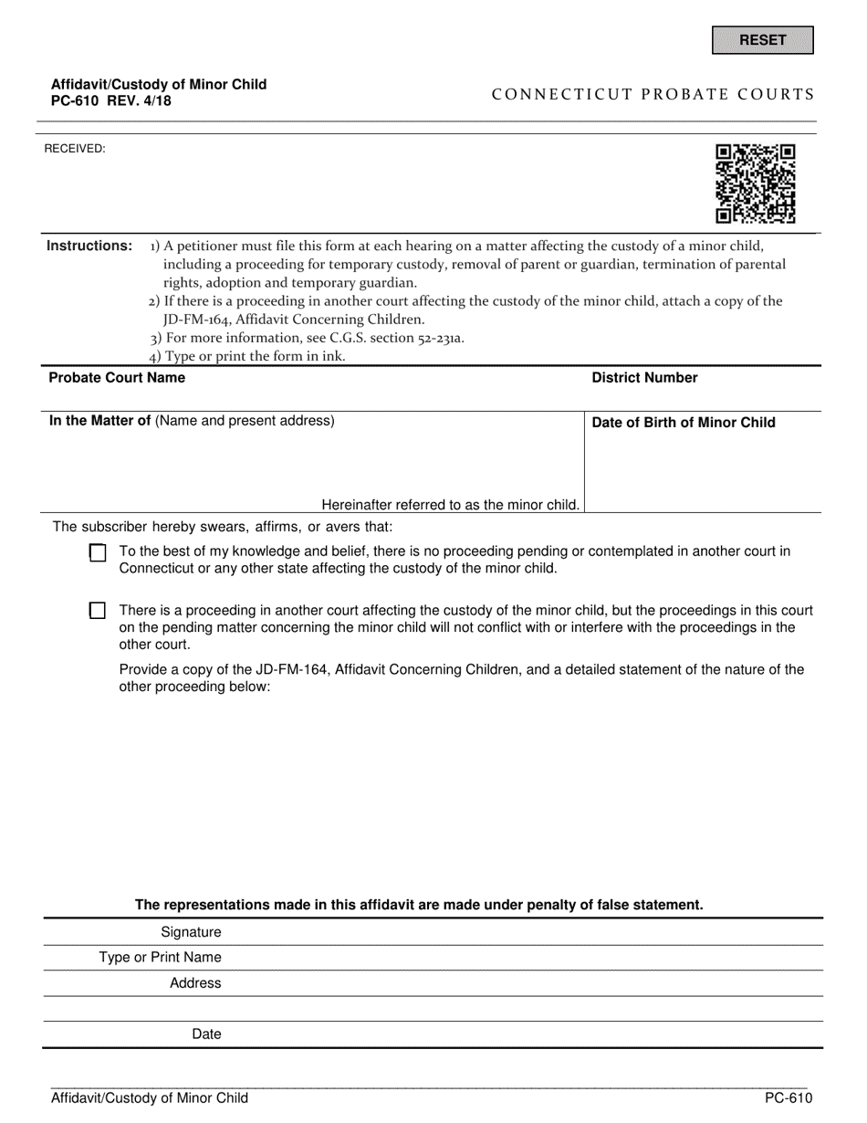 Form PC-610 Affidavit / Custody of Minor Child - Connecticut, Page 1