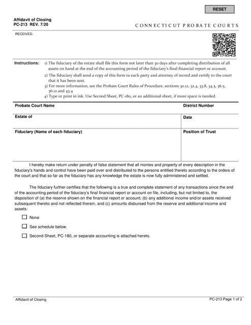 Form PC-213 Affidavit of Closing - Connecticut