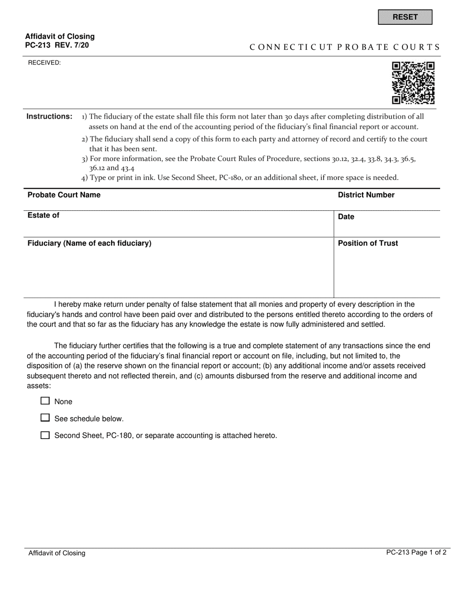 Form PC-213 Affidavit of Closing - Connecticut, Page 1