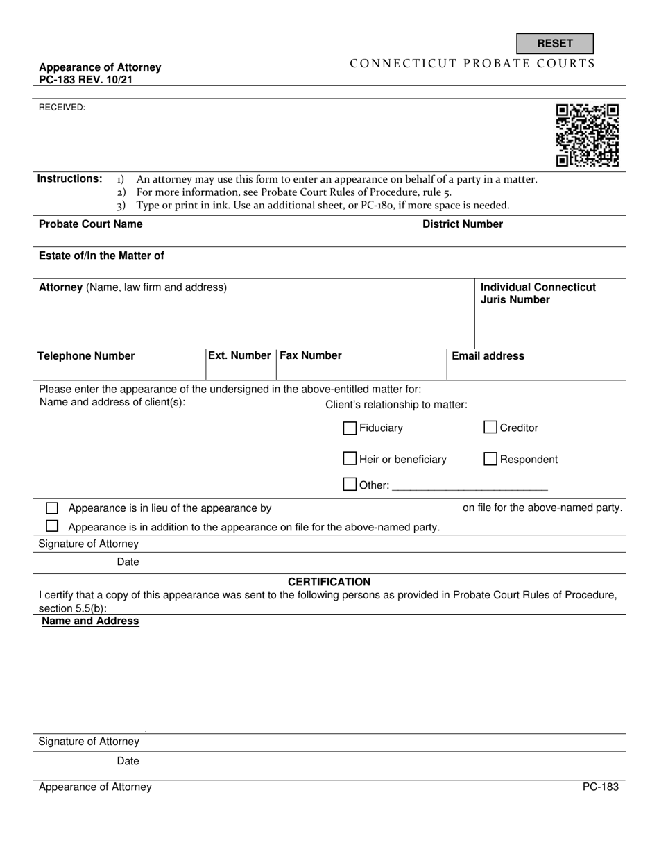 Form PC-183 Appearance of Attorney - Connecticut, Page 1