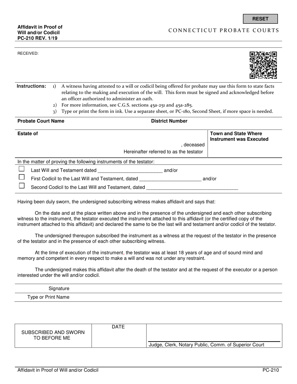 Form PC-210 Affidavit in Proof of Will and / or Codicil - Connecticut, Page 1