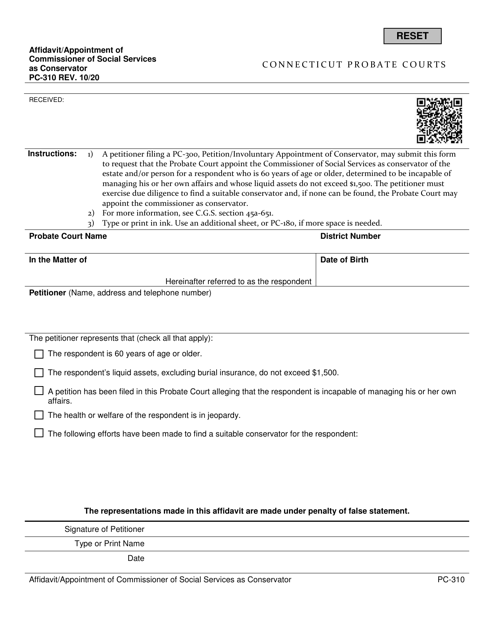 Form PC-310 Affidavit/Appointment of Commissioner of Social Services as Conservator - Connecticut