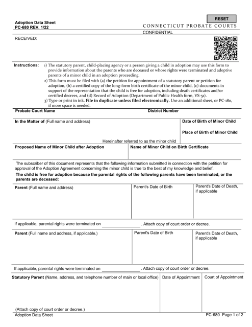 Form PC-680 Adoption Data Sheet - Connecticut