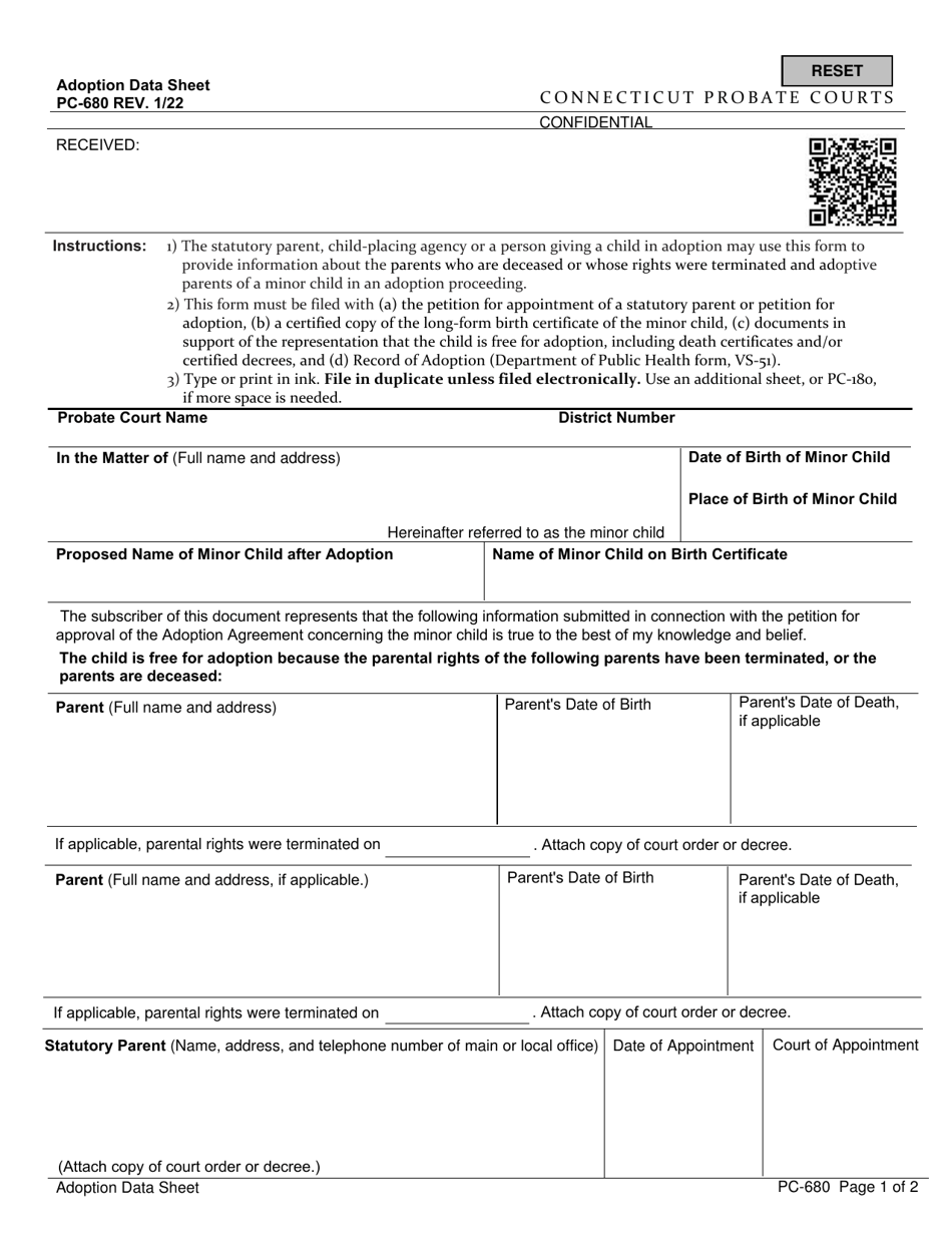 Form PC-680 Adoption Data Sheet - Connecticut, Page 1