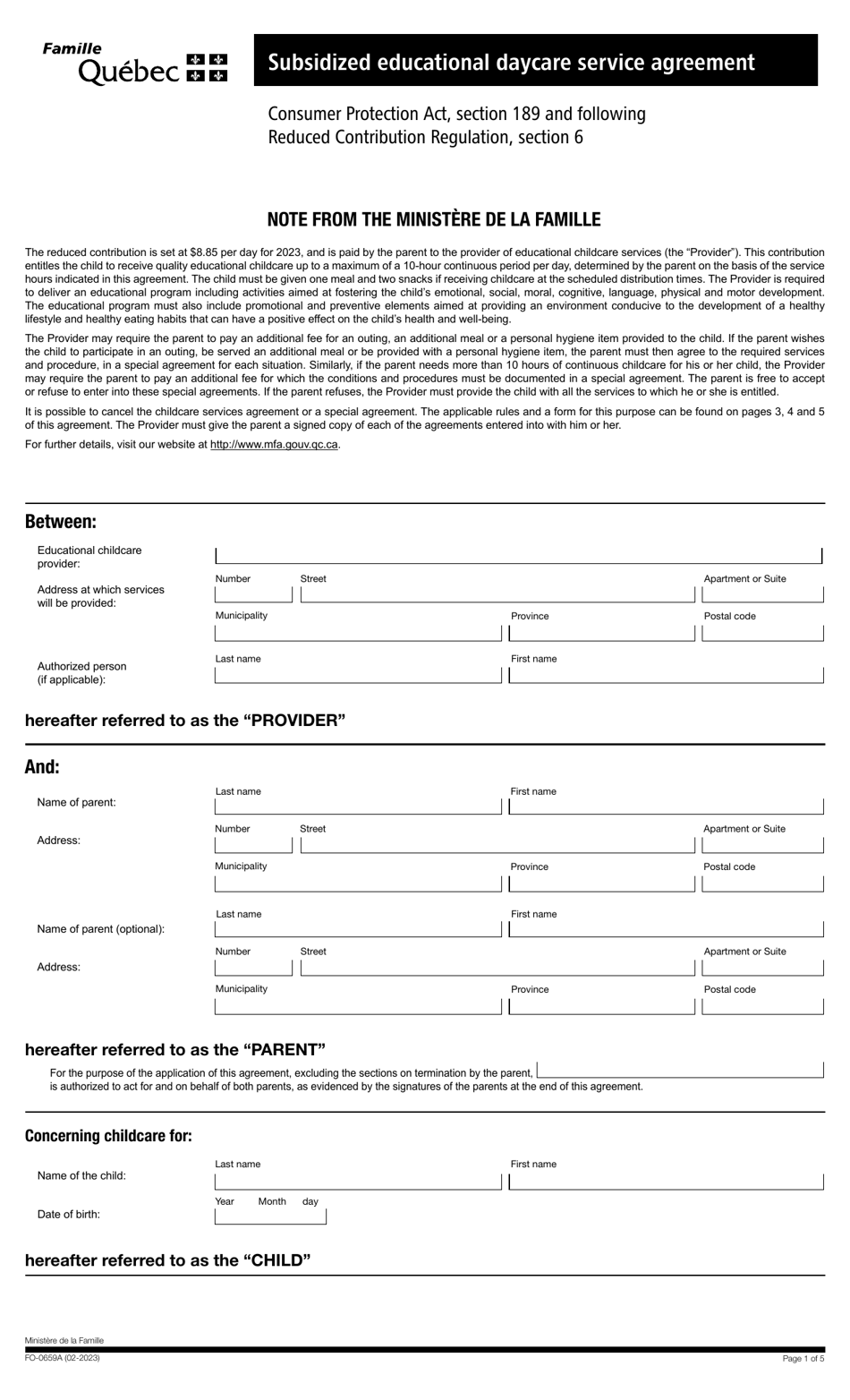 Form FO-0659A Subsidized Educational Daycare Service Agreement - Quebec, Canada, Page 1