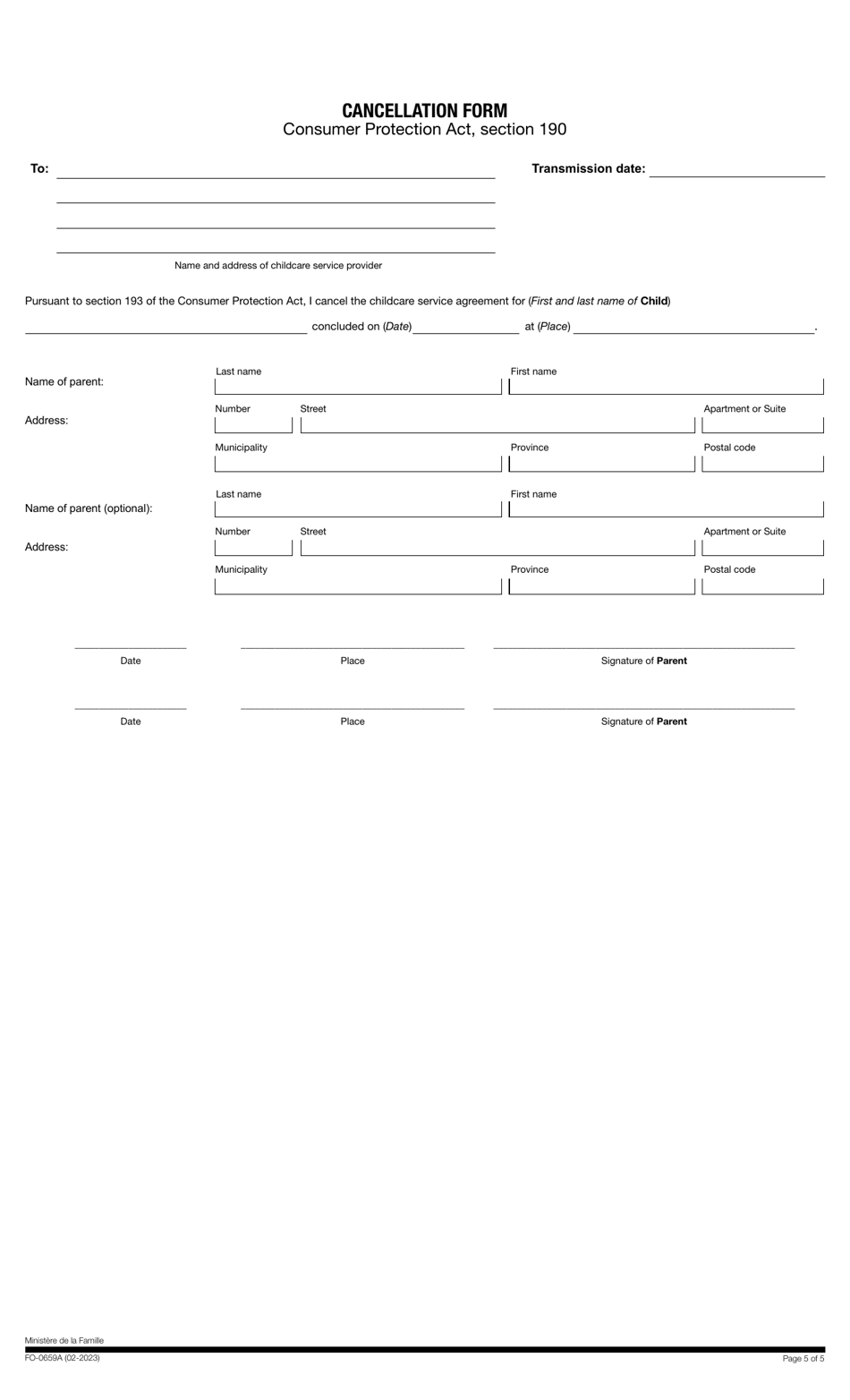 Form FO-0659A Subsidized Educational Daycare Service Agreement - Quebec, Canada, Page 5