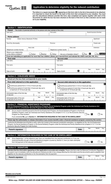Form FO-0601A Application to Determine Eligibility for the Reduced Contribution - Quebec, Canada