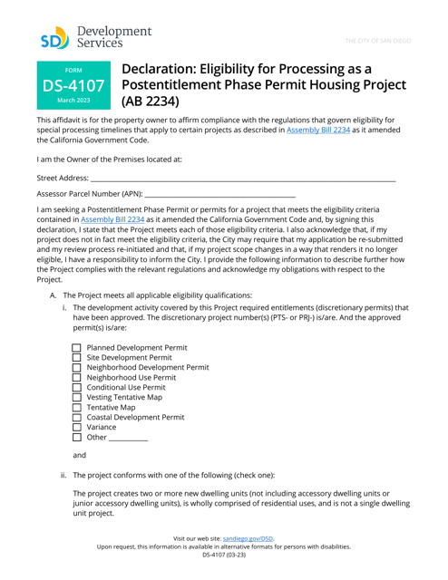 Form DS-4107 Declaration: Eligibility for Processing as a Postentitlement Phase Permit Housing Project (AB 2234) - City of San Diego, California