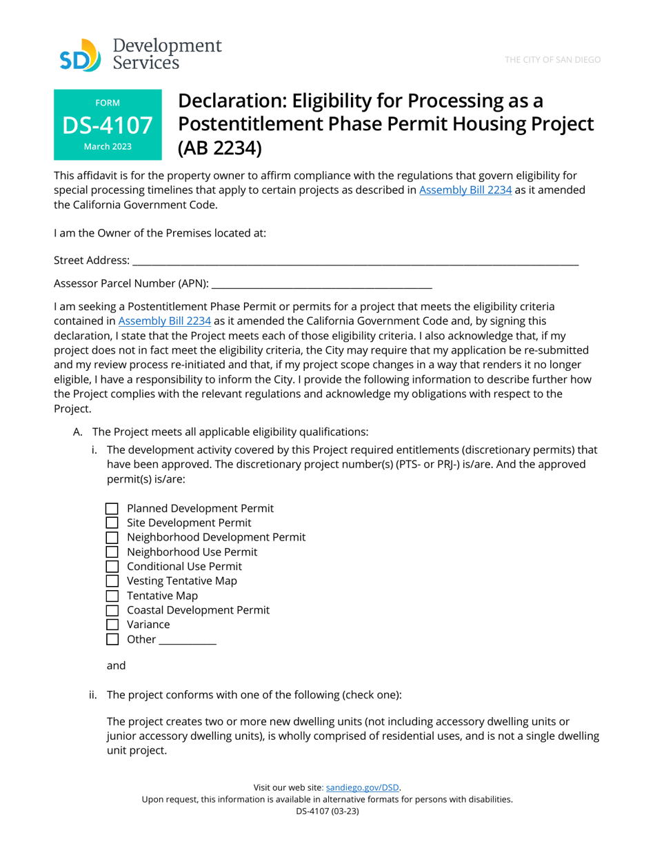 Form DS-4107 Declaration: Eligibility for Processing as a Postentitlement Phase Permit Housing Project (AB 2234) - City of San Diego, California, Page 1
