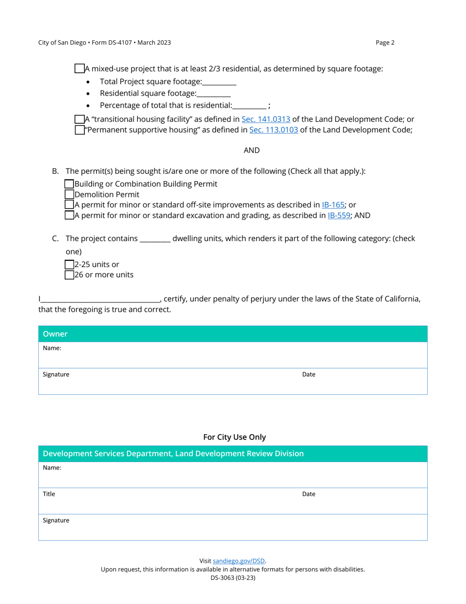 Form DS-4107 Declaration: Eligibility for Processing as a Postentitlement Phase Permit Housing Project (AB 2234) - City of San Diego, California, Page 2