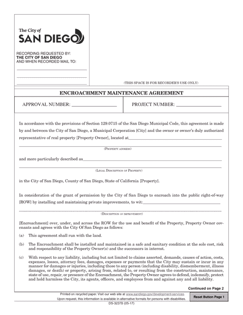Form DS-3237B Encroachment Maintenance Agreement - City of San Diego, California