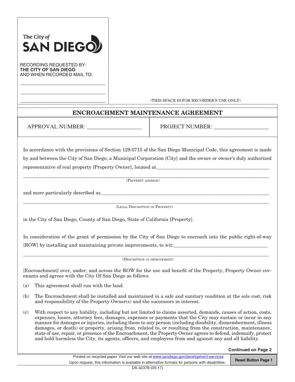 Form DS-3237B Encroachment Maintenance Agreement - City of San Diego, California, Page 1
