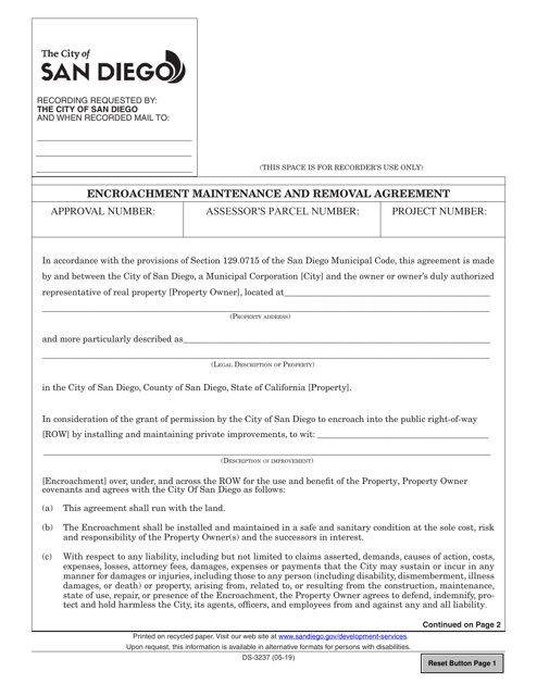 Form DS-3237 Encroachment Maintenance and Removal Agreement - City of San Diego, California