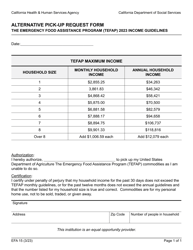 Document preview: Form EFA15 Alternative Pick-Up Request Form - the Emergency Food Assistance Program (Tefap) Income Guidelines - California, 2023