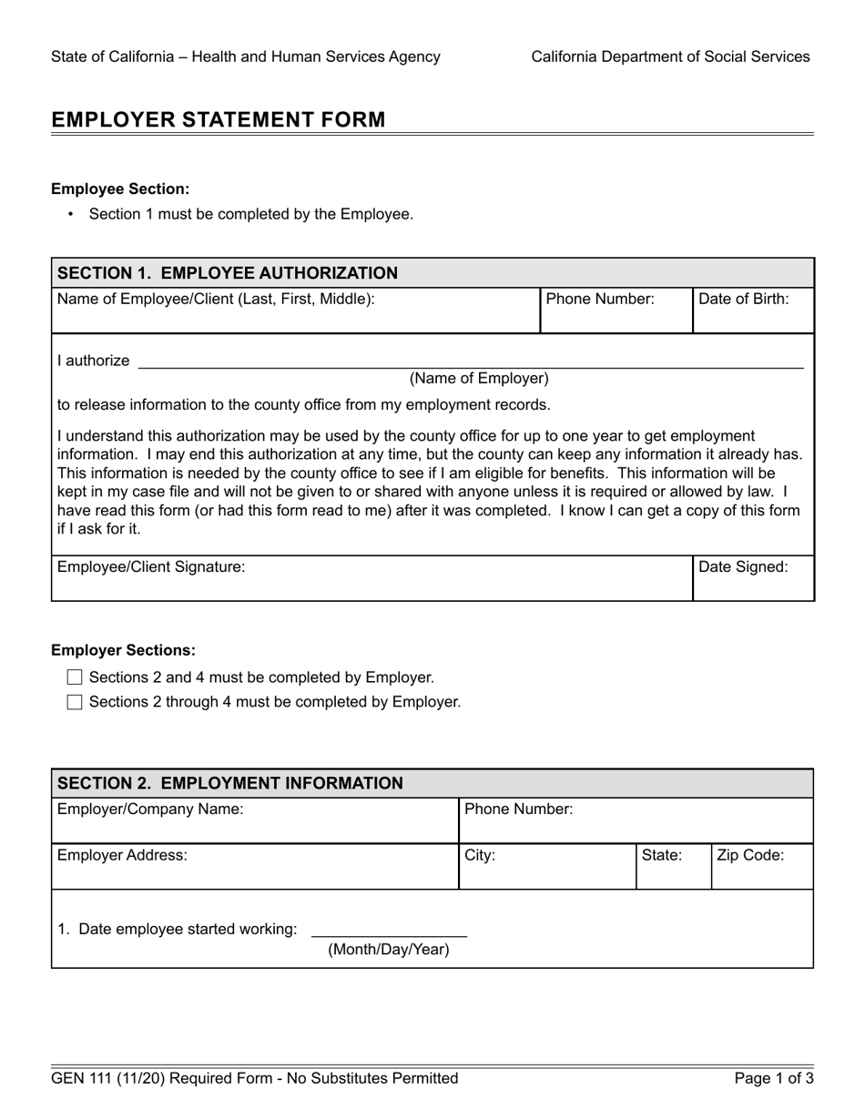 Form GEN111 Employer Statement Form - California, Page 1