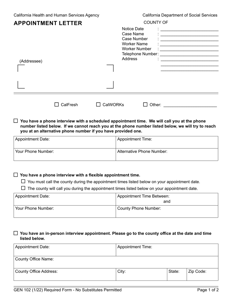 Form GEN102 Appointment Letter - California, Page 1