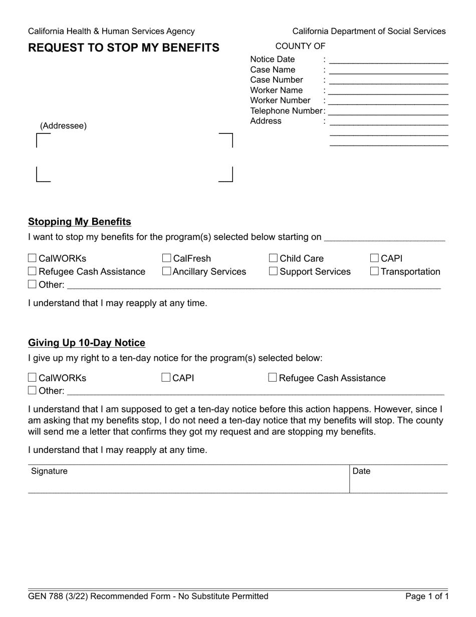 Form GEN788 Request to Stop My Benefits - California, Page 1
