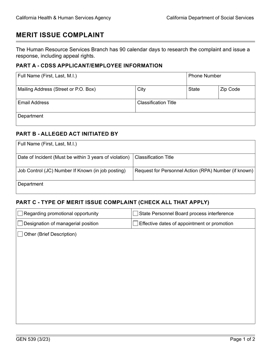 Form GEN539 Merit Issue Complaint - California, Page 1