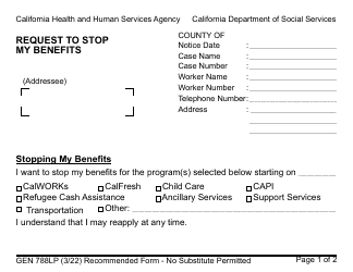 Document preview: Form GEN788LP Request to Stop My Benefits (Large Print) - California