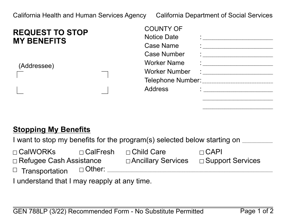 Form GEN788LP Request to Stop My Benefits (Large Print) - California, Page 1
