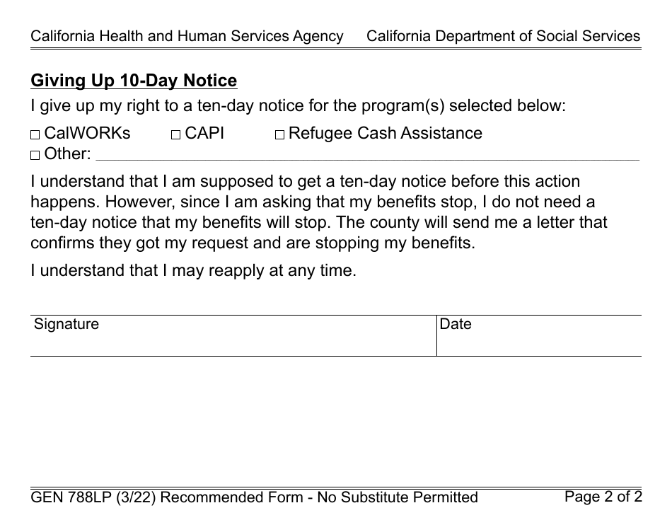 Form GEN788LP Request to Stop My Benefits (Large Print) - California, Page 2