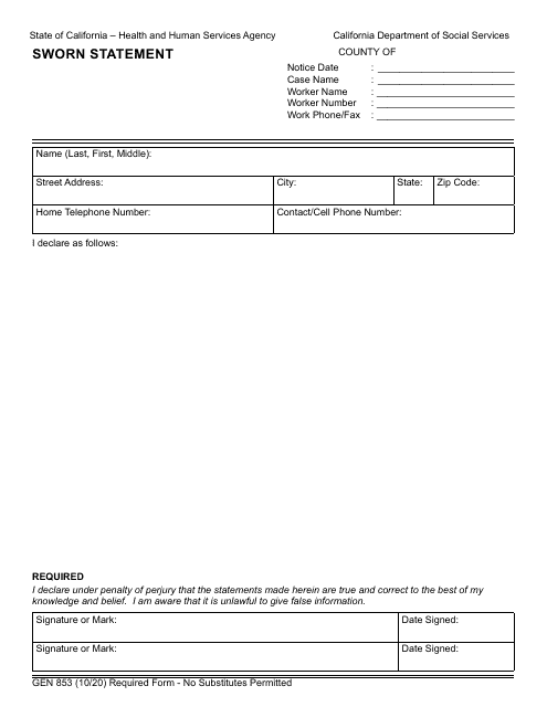 Form GEN853  Printable Pdf