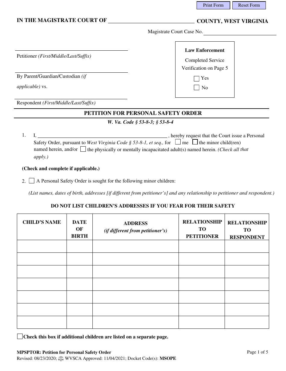 Petition for Personal Safety Order - West Virginia, Page 1