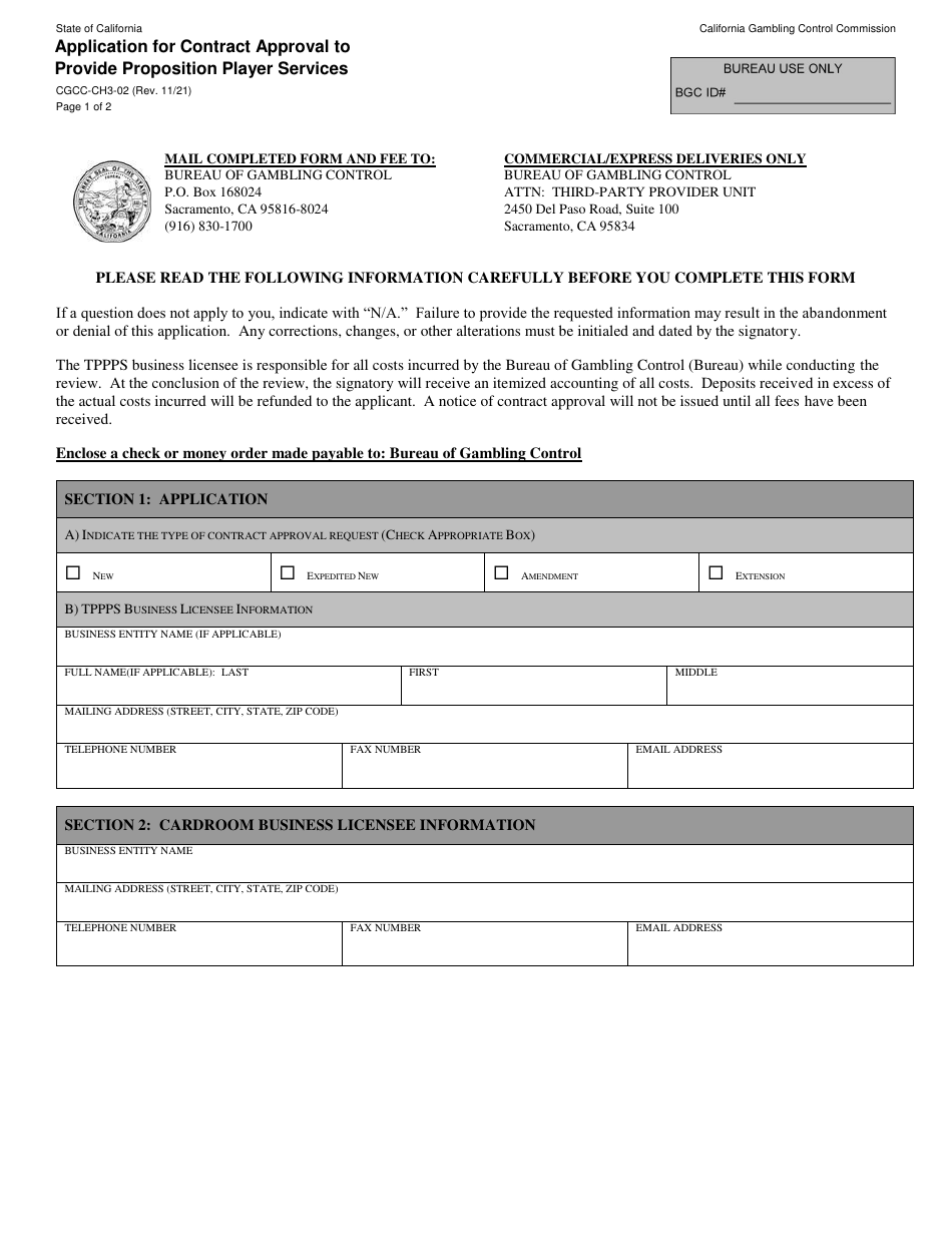 Form CGCC-CH3-02 Application for Contract Approval to Provide Proposition Player Services - California, Page 1