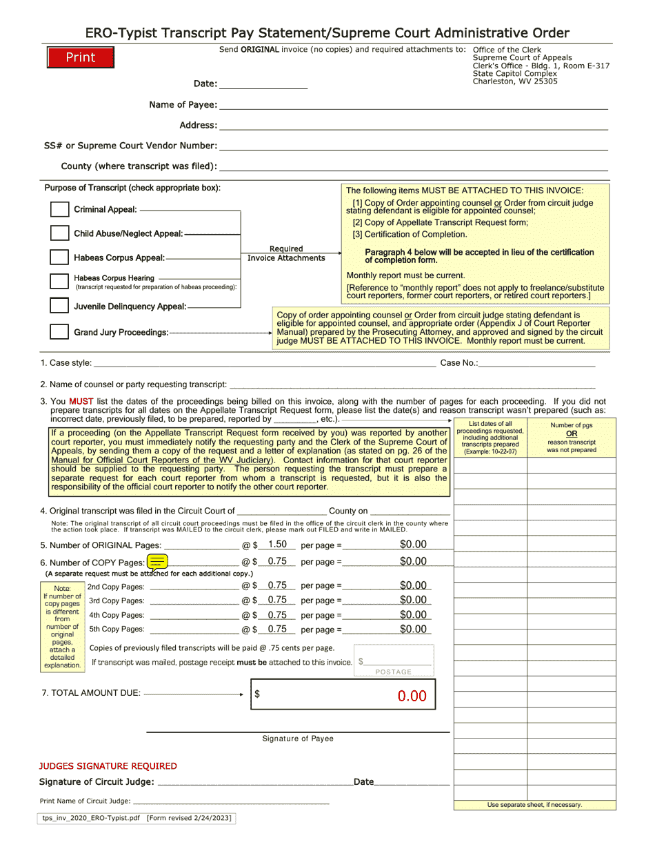 Ero-Typist Transcript Pay Statement / Supreme Court Administrative Order - West Virginia, Page 1