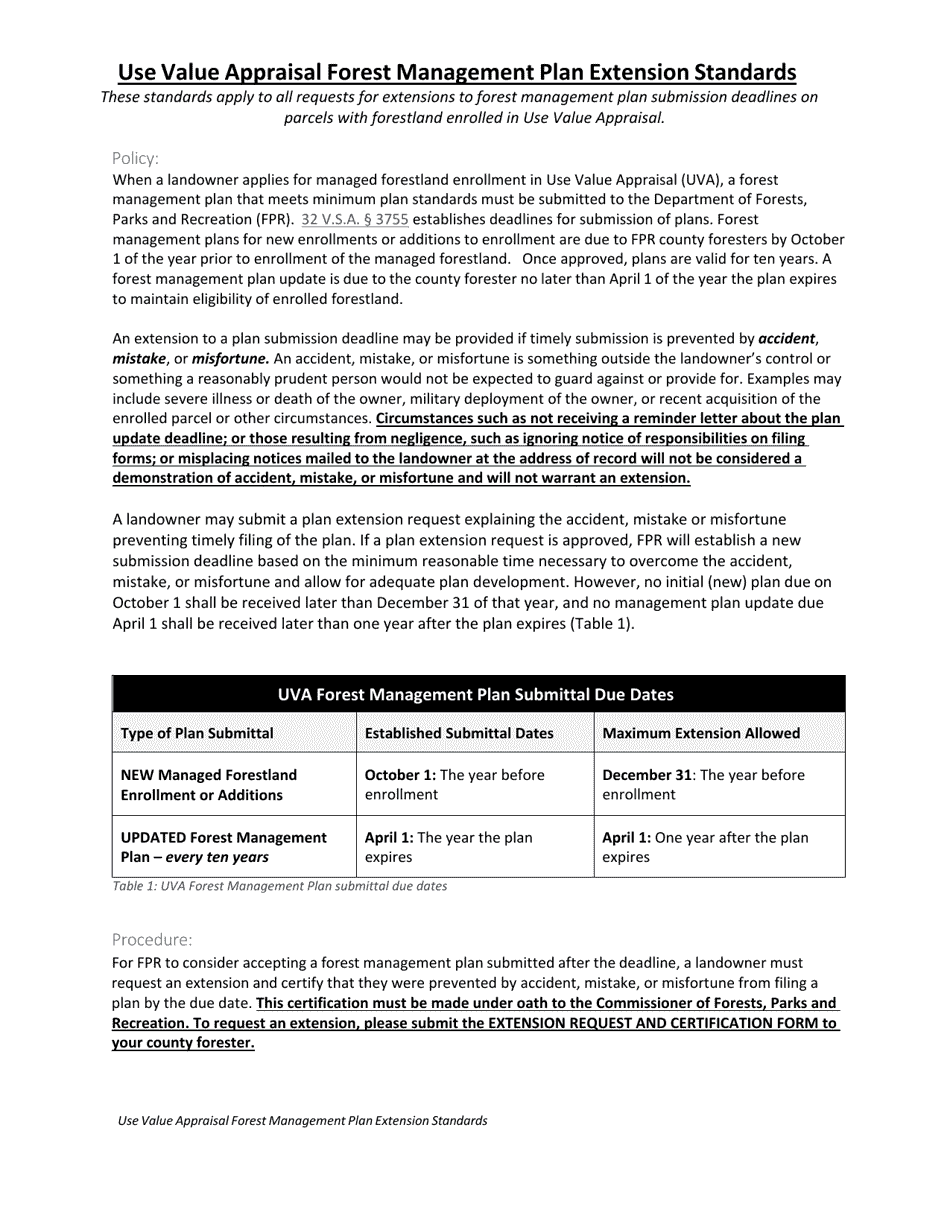 Forest Management Plan Extension Request and Certification - Use Value Appraisal Program - Vermont, Page 1