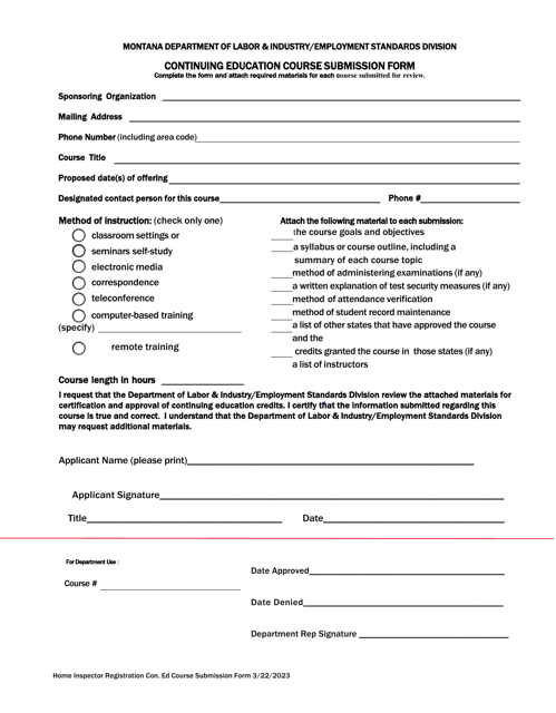 Home Inspector Course Approval Request - Continuing Education Provider - Montana Download Pdf