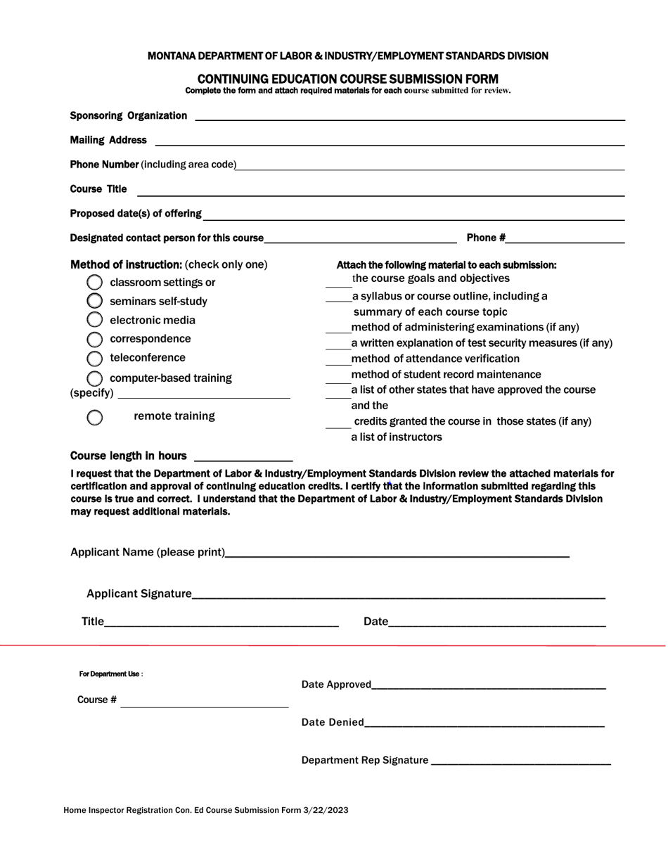 Montana Home Inspector Course Approval Request Continuing Education