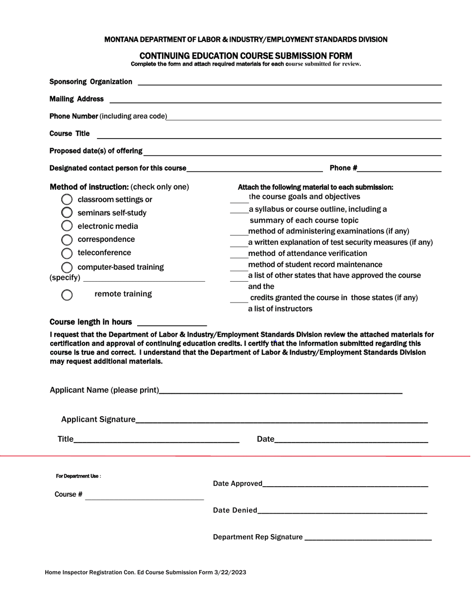 Home Inspector Course Approval Request - Continuing Education Provider - Montana, Page 1