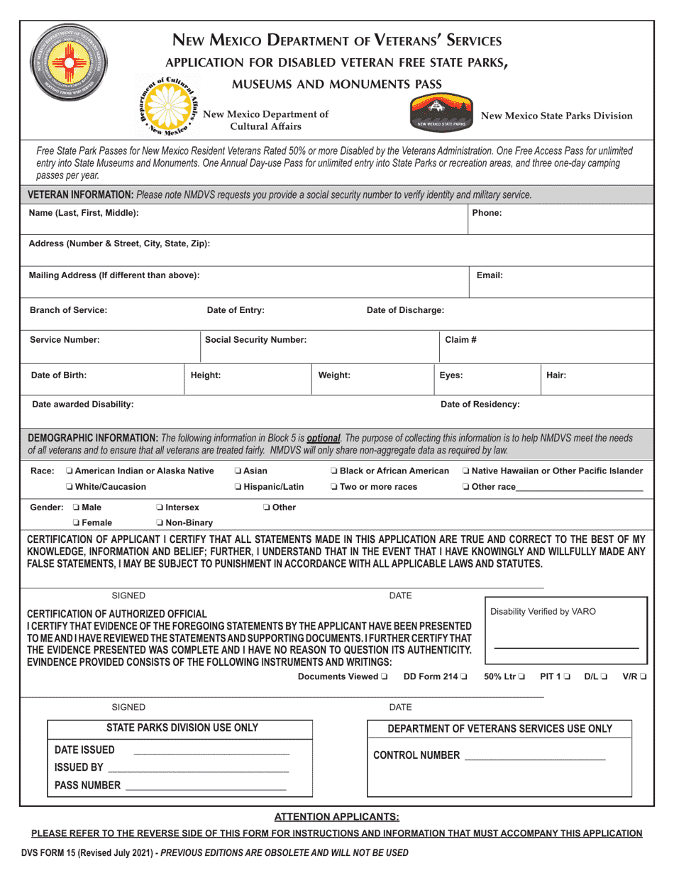 DVS Form 15 Application for Disabled Veteran Free State Parks, Museums and Monuments Pass - New Mexico, Page 1