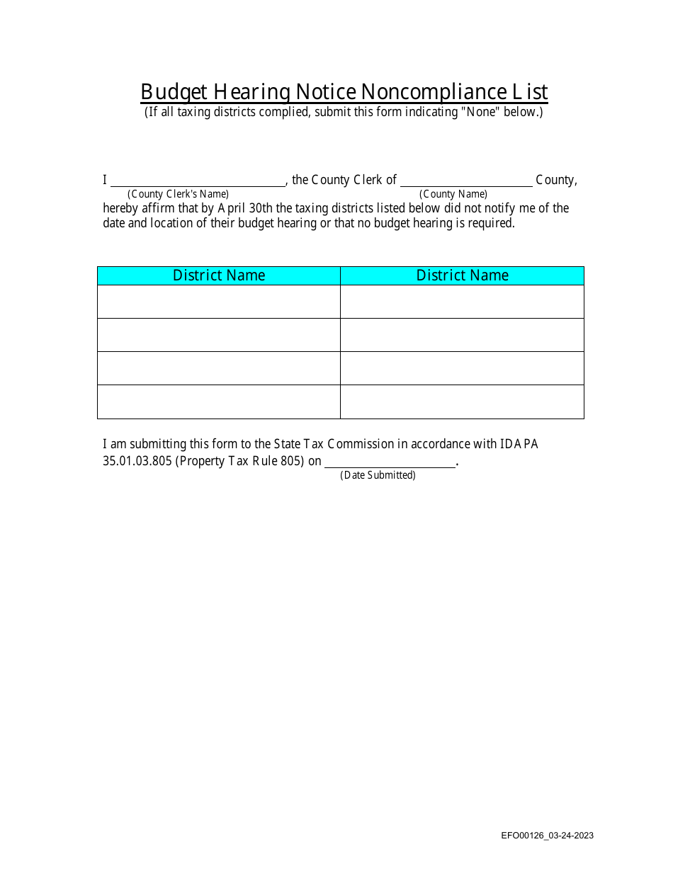 Form EFO00126 Budget Hearing Notice Noncompliance List - Idaho, Page 1