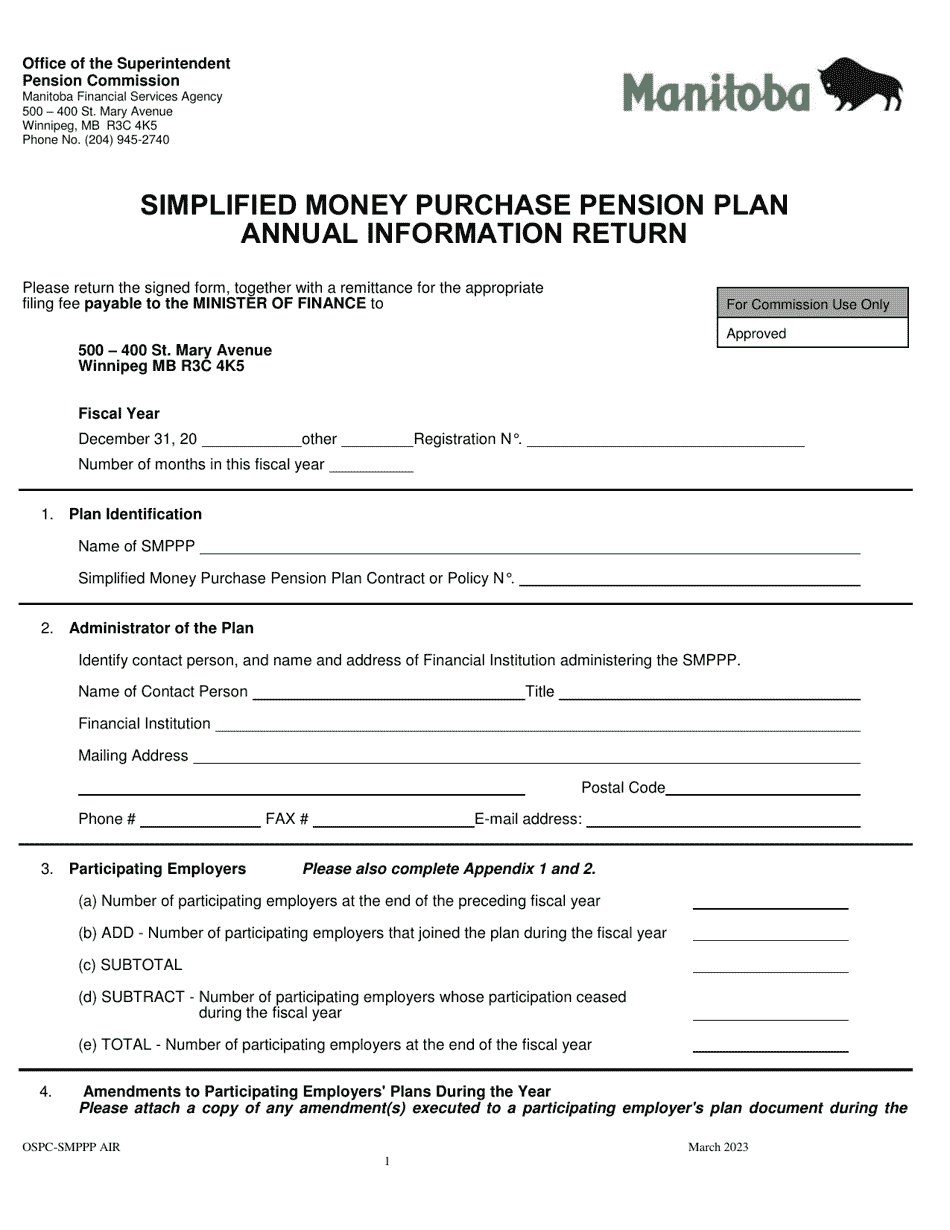 Simplified Money Purchase Pension Plan Annual Information Return - Manitoba, Canada, Page 1