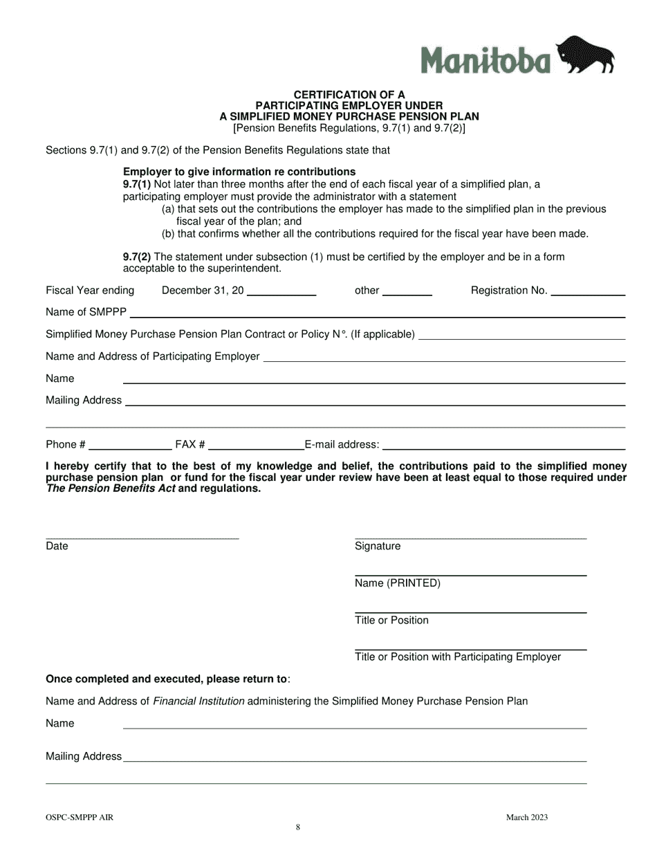 Simplified Money Purchase Pension Plan Annual Information Return - Manitoba, Canada, Page 8