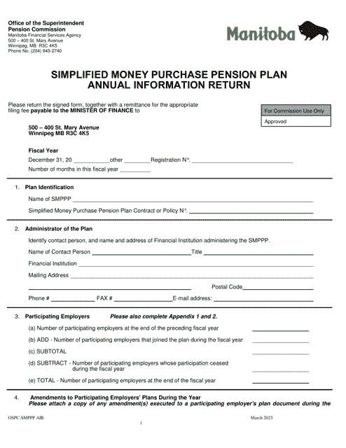 Simplified Money Purchase Pension Plan Annual Information Return - Manitoba, Canada Download Pdf