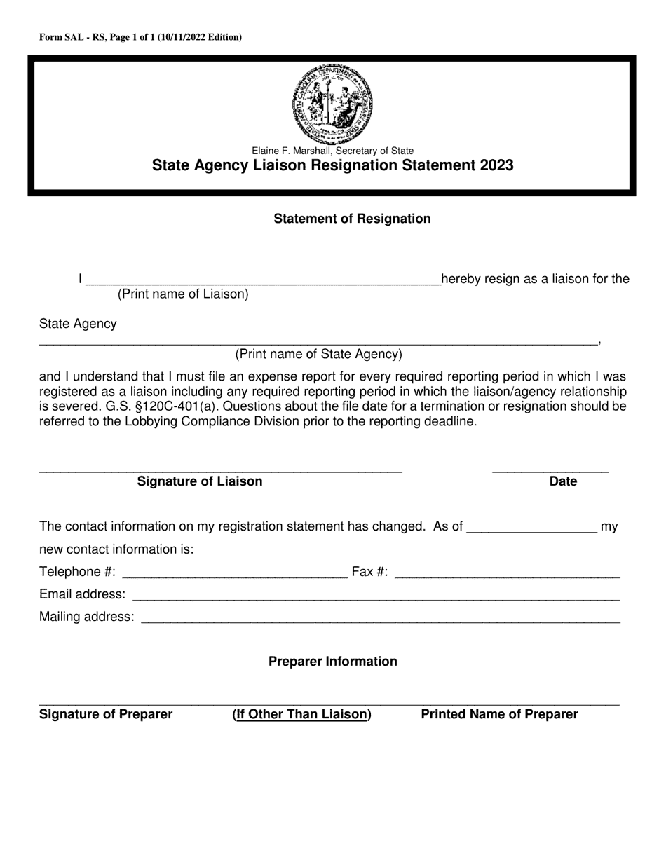 Form SAL-RS State Agency Liaison Resignation Statement - North Carolina, Page 1